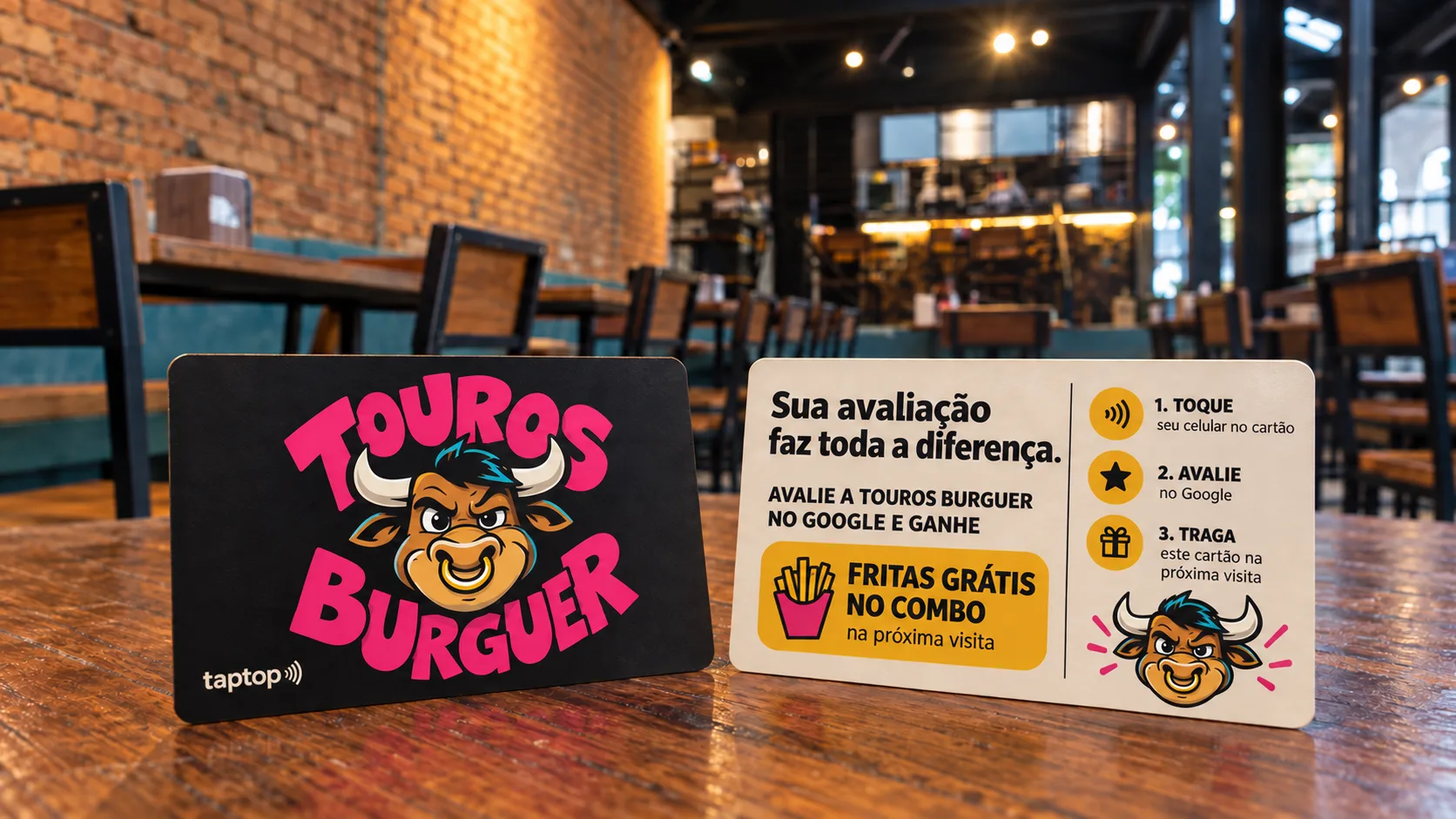 Cartões personalizados TapTop da Touros Burguer em uma mesa do restaurante