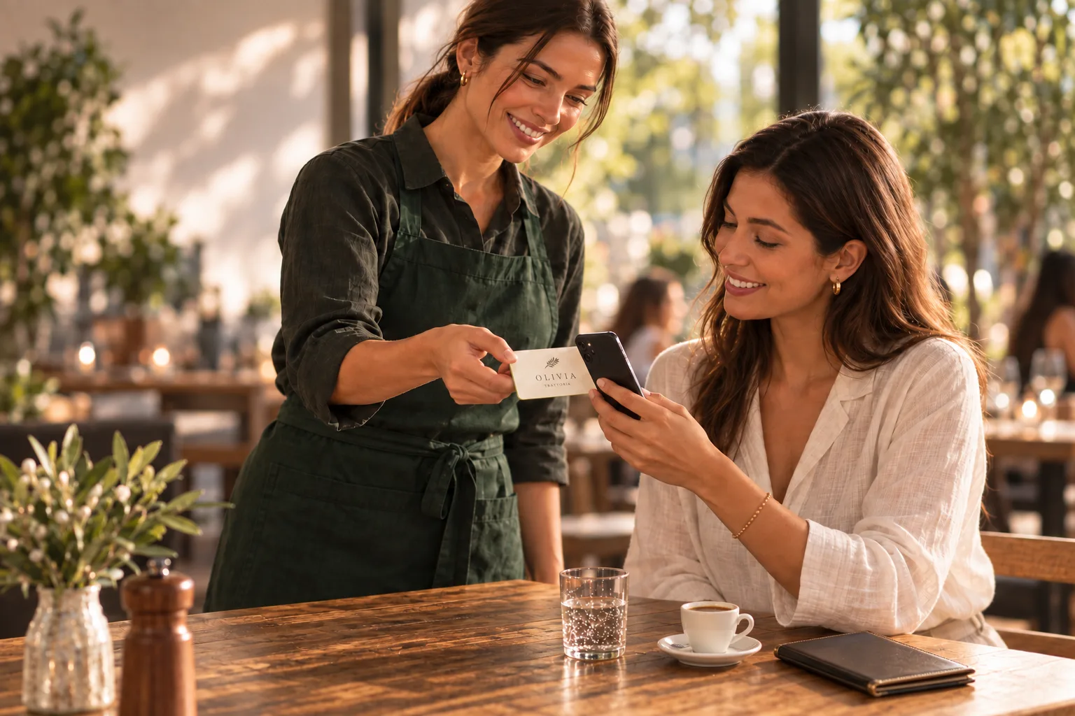 Atendente apresenta um cartão NFC personalizado à cliente